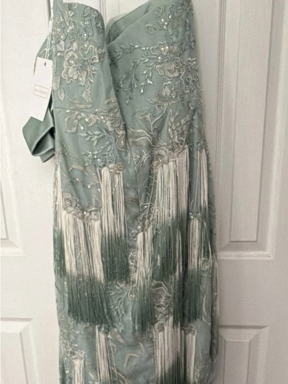 Mac Duggal Strapless Mint Green Bow-Detail Fringe Sheath Dress - Picture 10 of 11